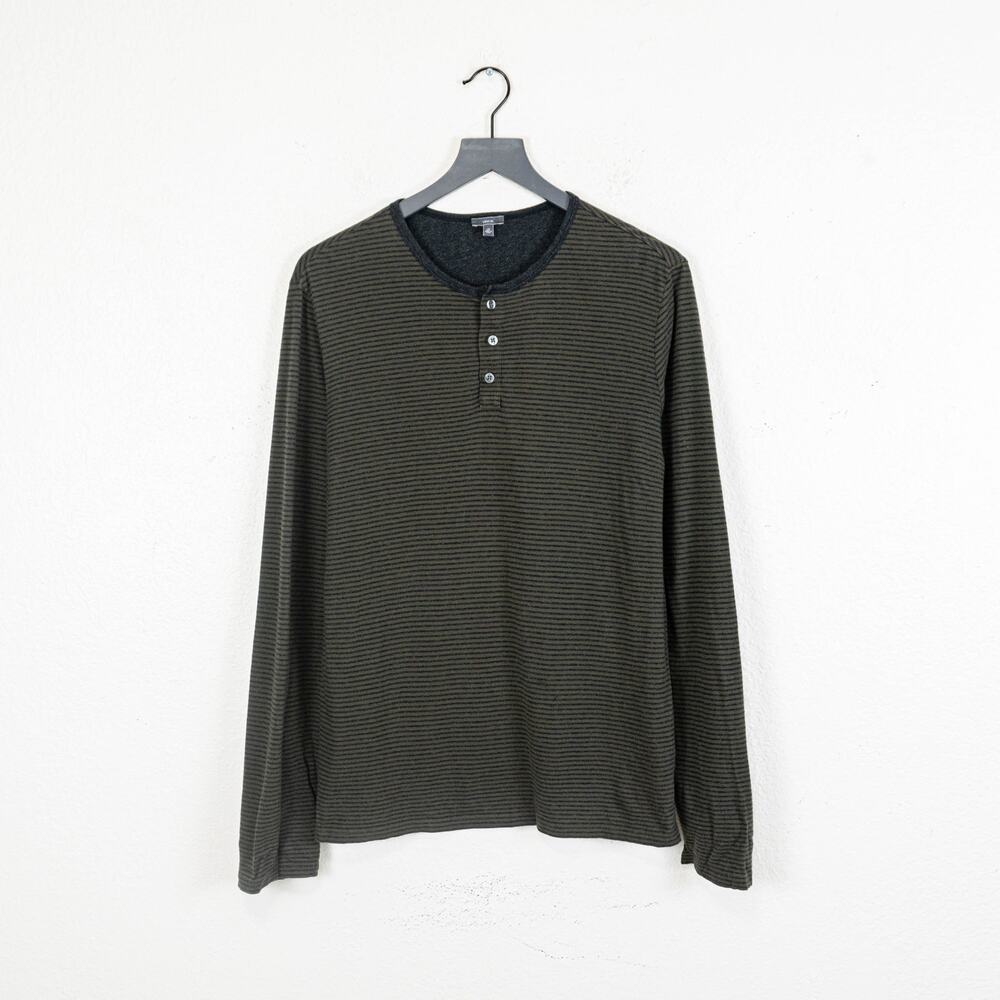 Vince Long Sleeve Henley Shirt Green Black striped Pima cotton size Large